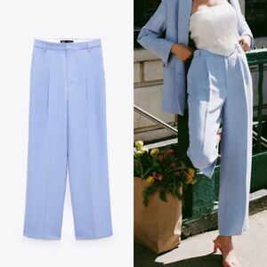 NWT Zara Blue Full-length Wide Leg Menswear Inspired Pleated Trousers Pants M